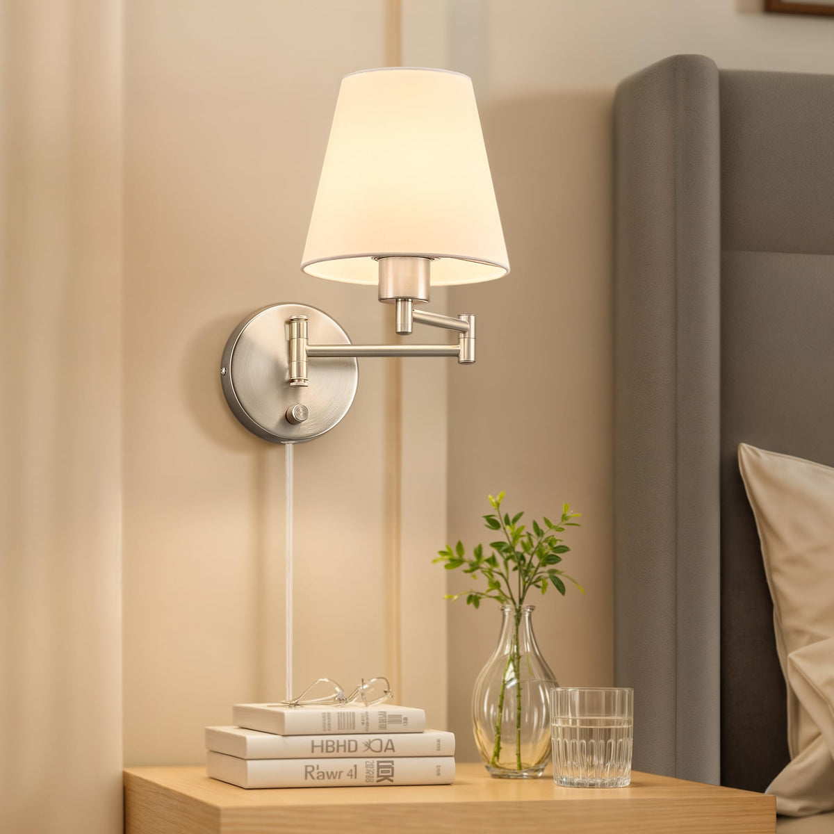Wall Lamp, Plug in & Swing Arm Wall Sconce, Nickel Finish