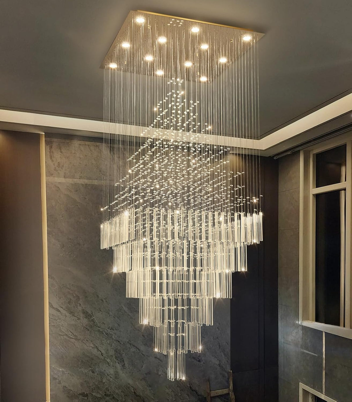 32x120-Inch Square Glam Chandelier with LED Bulbs for Grand Stairwells