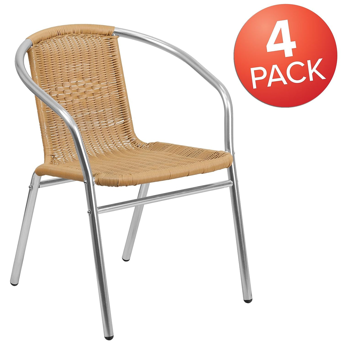 Lila 4 Pack Commercial Aluminum and Beige Rattan Indoor-Outdoor Restaurant Stack Chair
