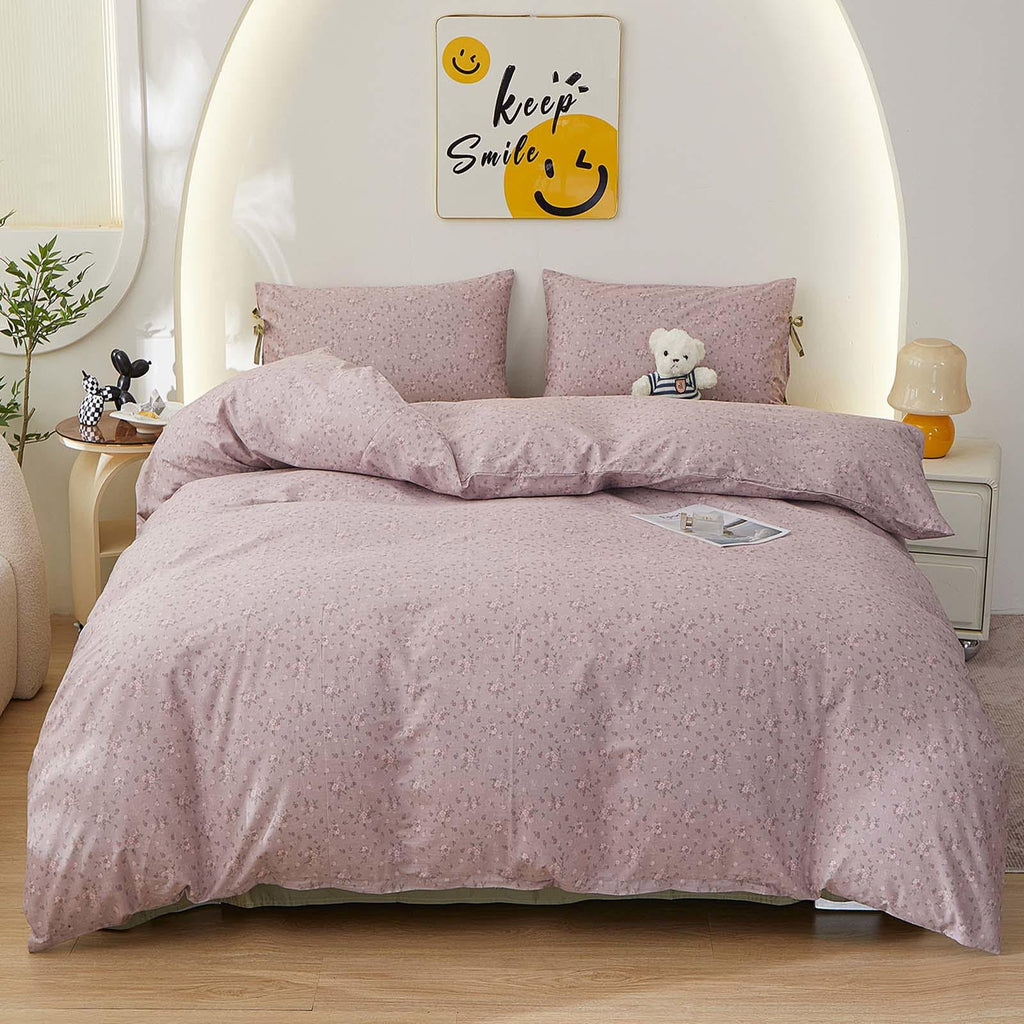Boho Comforter Set King Size Floral Bedding Sets Soft Cotton Farmhouse Mauve Flower Comforters Fluffy with 2 Bowknot