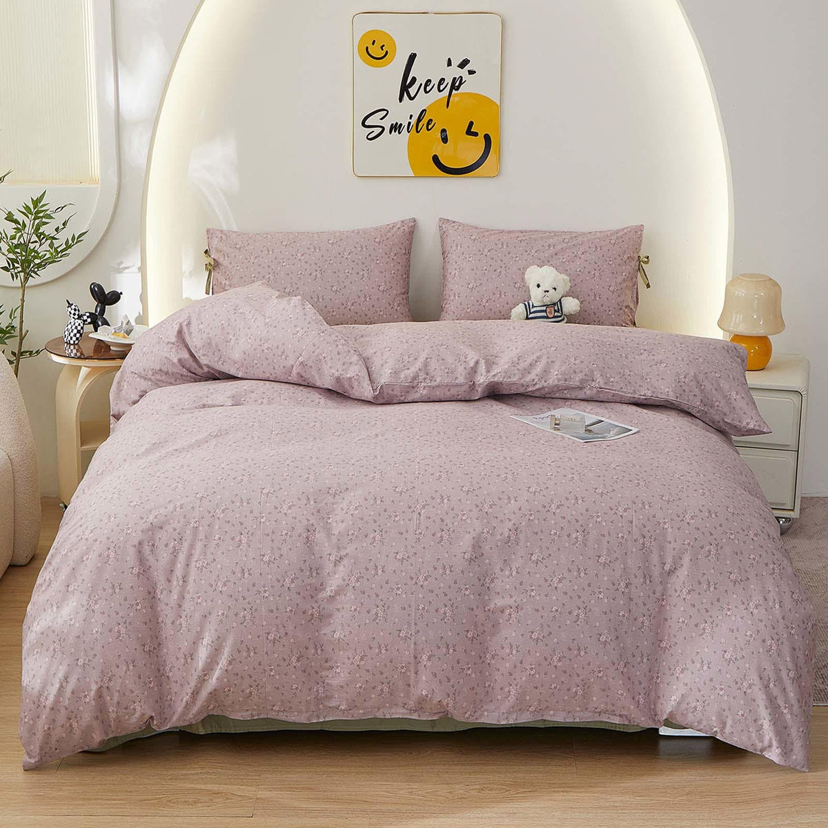 Boho Comforter Set King Size Floral Bedding Sets Soft Cotton Farmhouse Mauve Flower Comforters Fluffy with 2 Bowknot