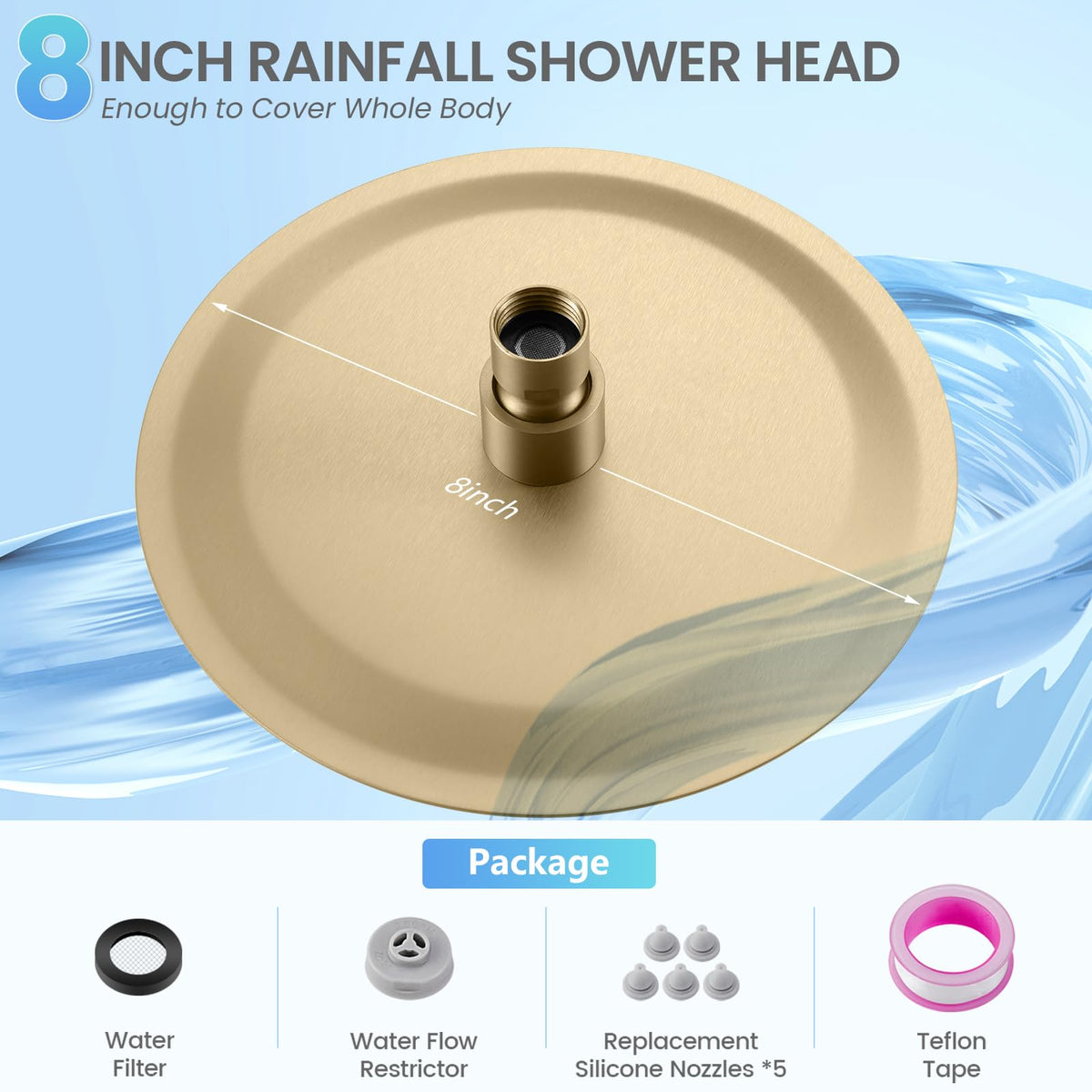 Brushed Gold Round Rainfall Shower Head, All Metal Stainless Steel Rain Shower Heads with 90 Anti-Clog Silicone