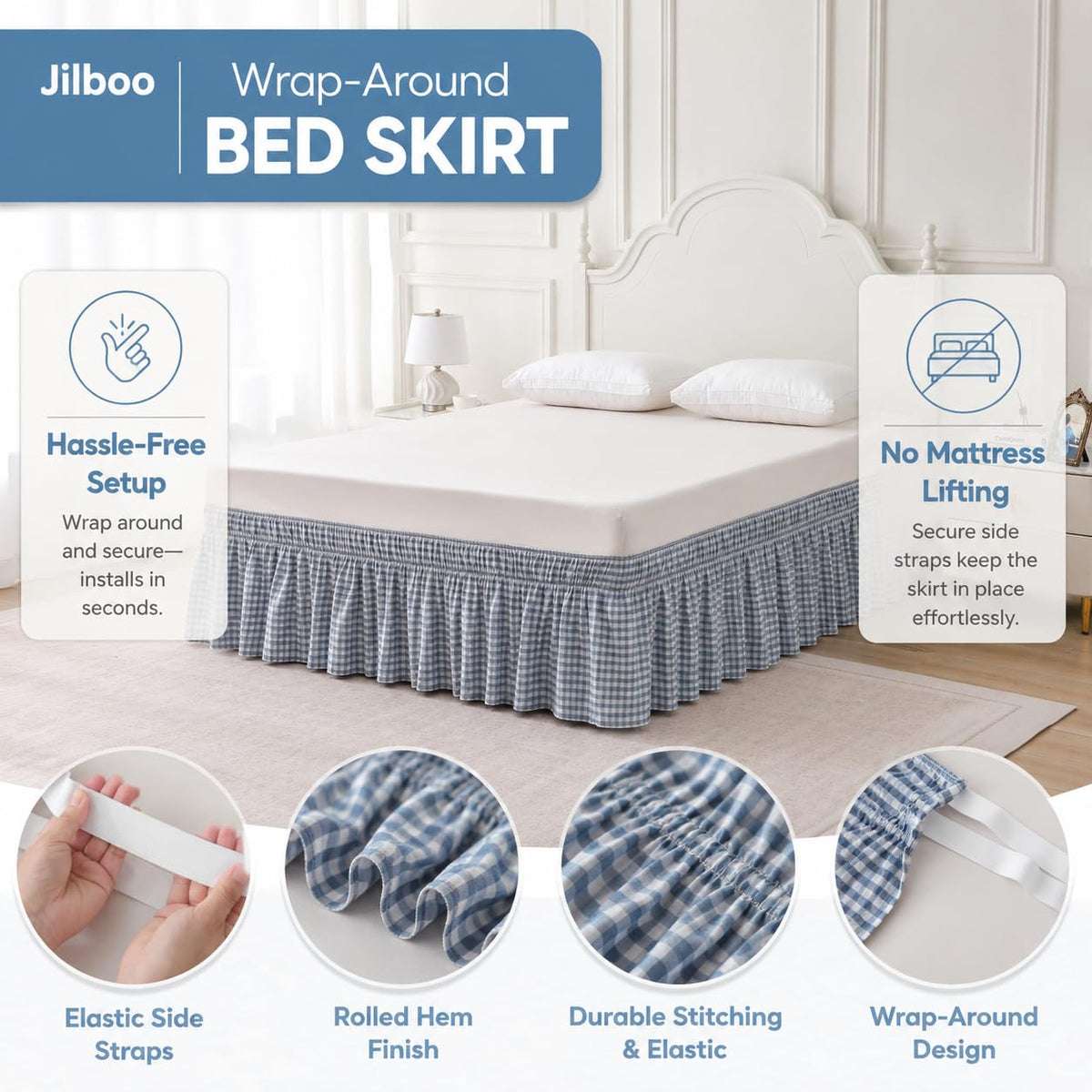 Gingham Bed Skirt 16" Drop, Dusty Blue, 100% Cotton