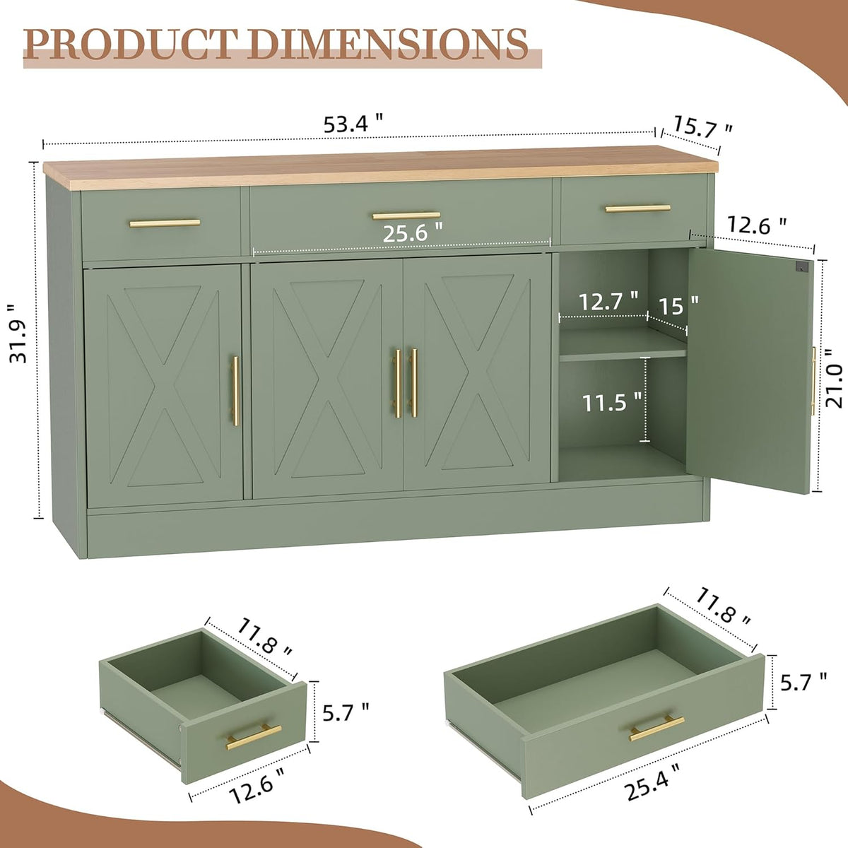 Buffet Cabinet with Storage,53.4" Large Kitchen Storage Cabinet with 3 Drawers and 4 Doors,Wood Farmhouse Buffet