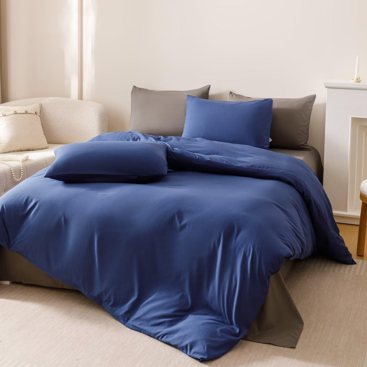 Royal Blue Comforter Set Neutral Navy Bedding Vintage Japanese Style Solid Blue Farmhouse Bed Sets