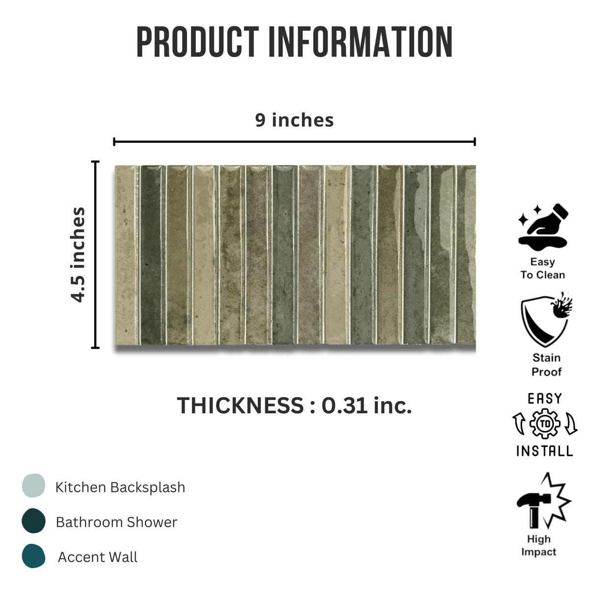 Scandia Glossy Olive Green 4.5x9 Ribbed Porcelain Wall Tile, 3D KitKat Fluted Decorative Tile Backsplash, Bathroom