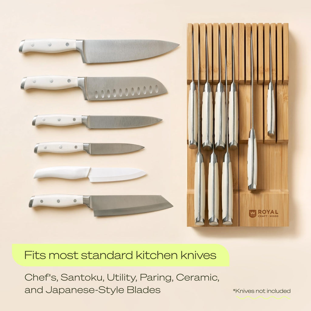 Knife Drawer Organizer - Bamboo In-Drawer Knife Block for 14 Knives - Premium Drawer Knife Organizer Insert, Kitchen