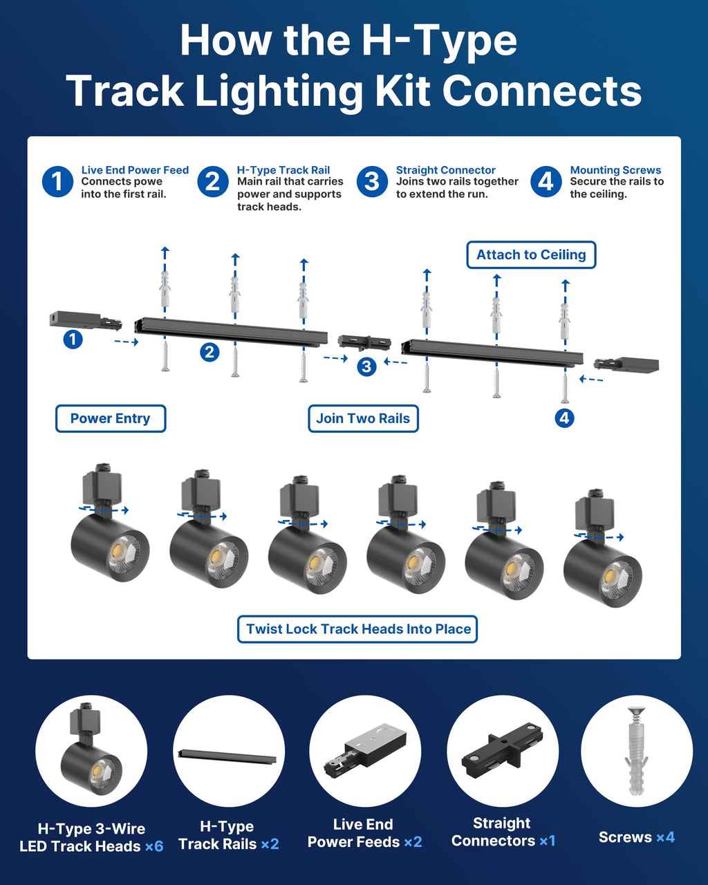 H Type LED Track Lighting Kit, 10W 800LM Dimmable, Black