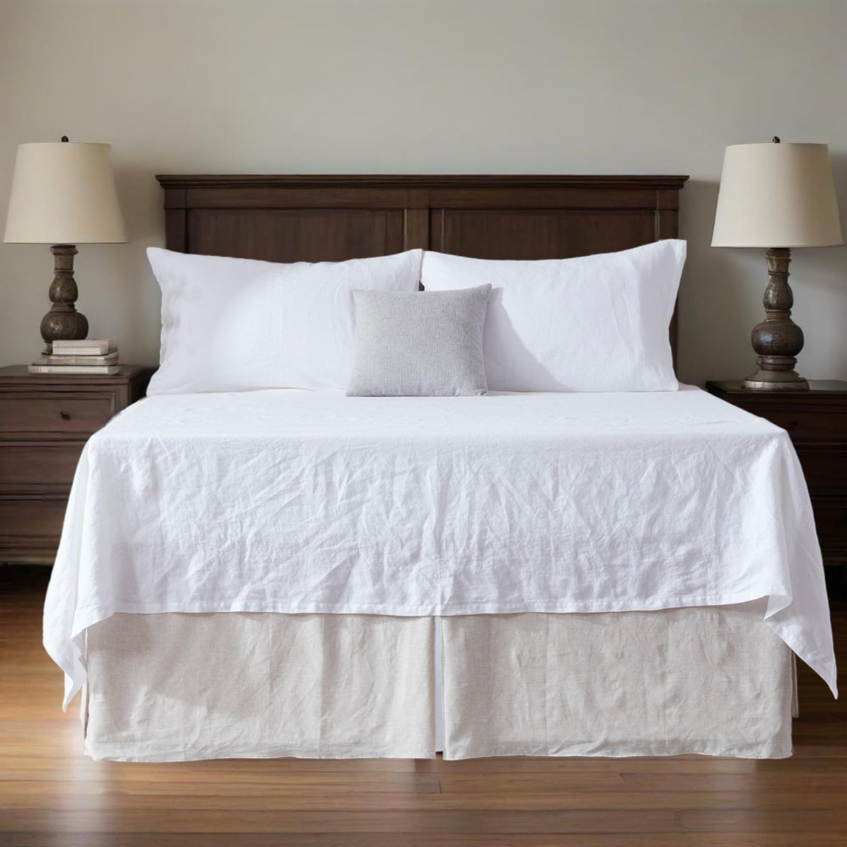 Belgian 100% Linen Bed Skirt with Classic 14 inch Tailored Drop Dust Ruffle, Easy Fit Breathable Premium Natural