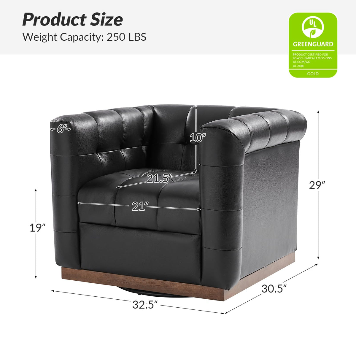 Genuine Leather Swivel Accent Chair with Wooden Base, Mid Century Modern Square Accent Chair Bedroom Club, Black