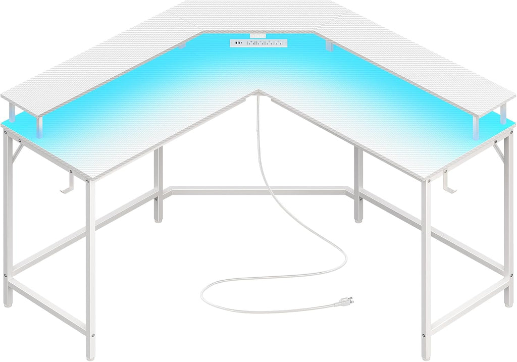 L Shaped Gaming Desk with Power Outlets & LED Lights, Computer Desk with Monitor Shelves, Carbon Fiber Surface, Home