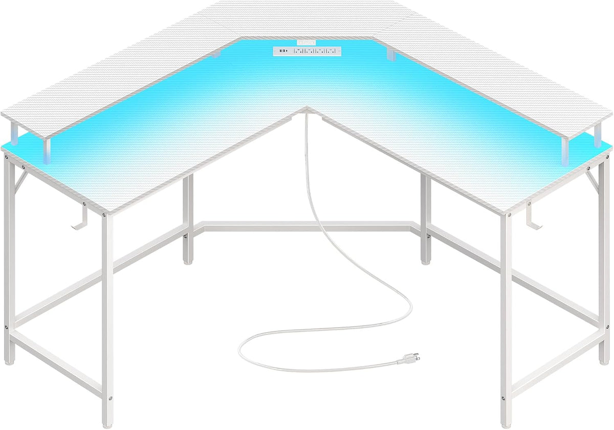 L Shaped Gaming Desk with Power Outlets & LED Lights, Computer Desk with Monitor Shelves, Carbon Fiber Surface, Home