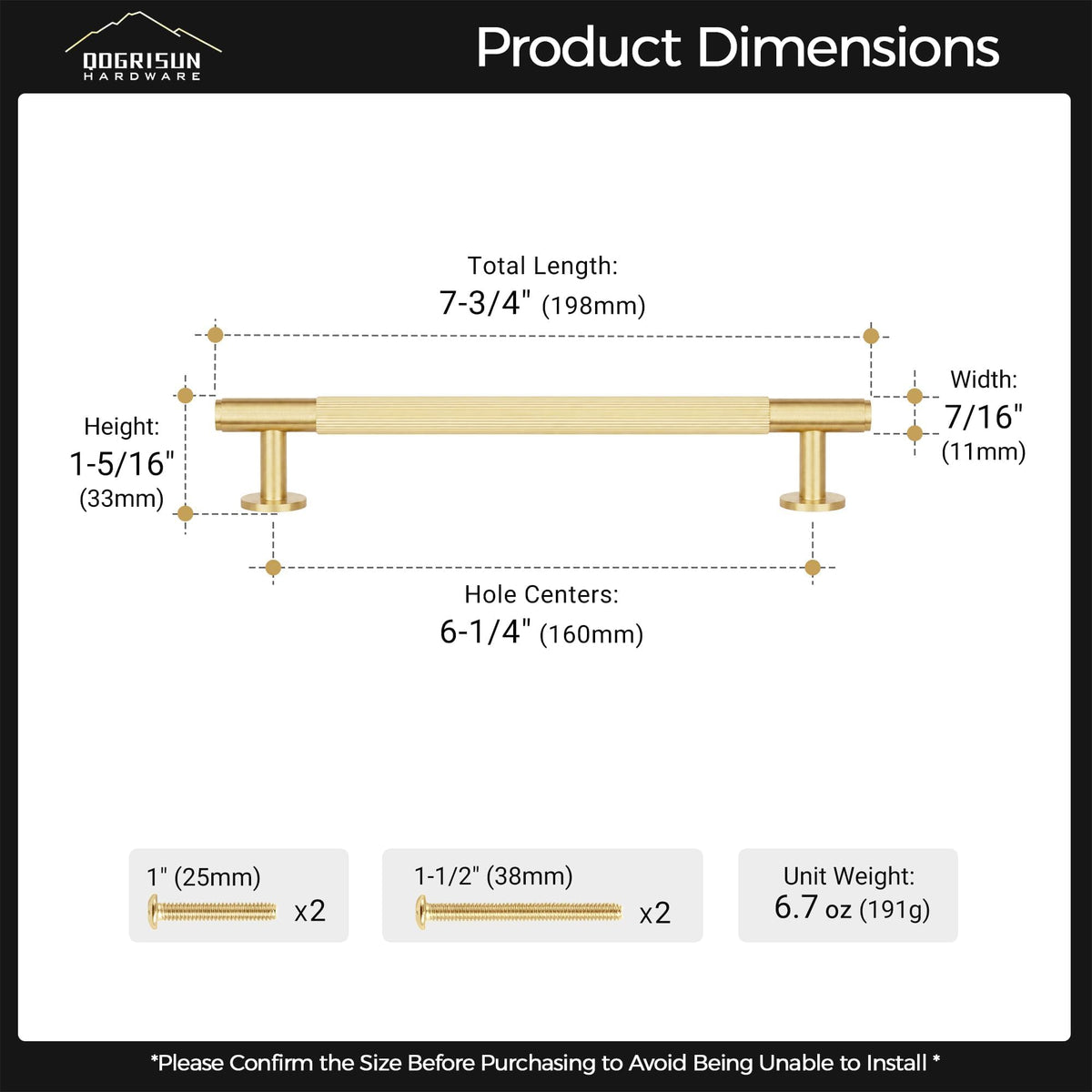 Solid Brass Cabinet Pulls, 6-1/4-Inch Hole Center Handles