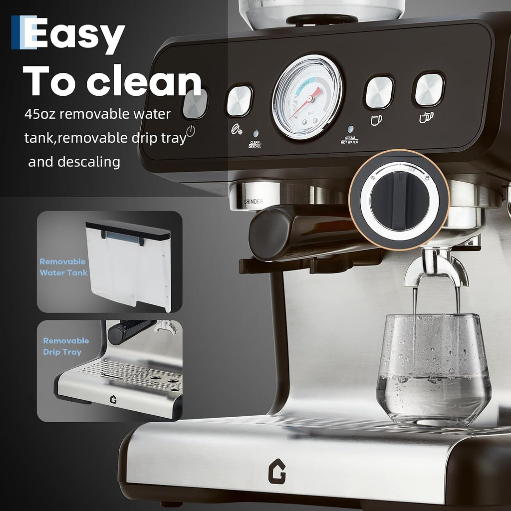 Espresso Machine with Grinder, 20 Bar Semi Automatic Espresso Maker with 30-Setting Precision Coffee Grinder & Steam
