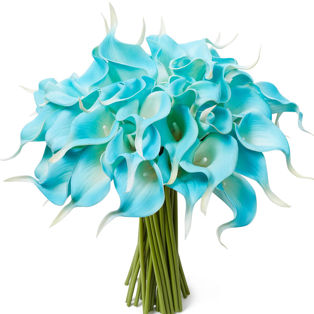 24 Pcs Artificial Calla Lily Peacock Blue Fake Silk Flowers