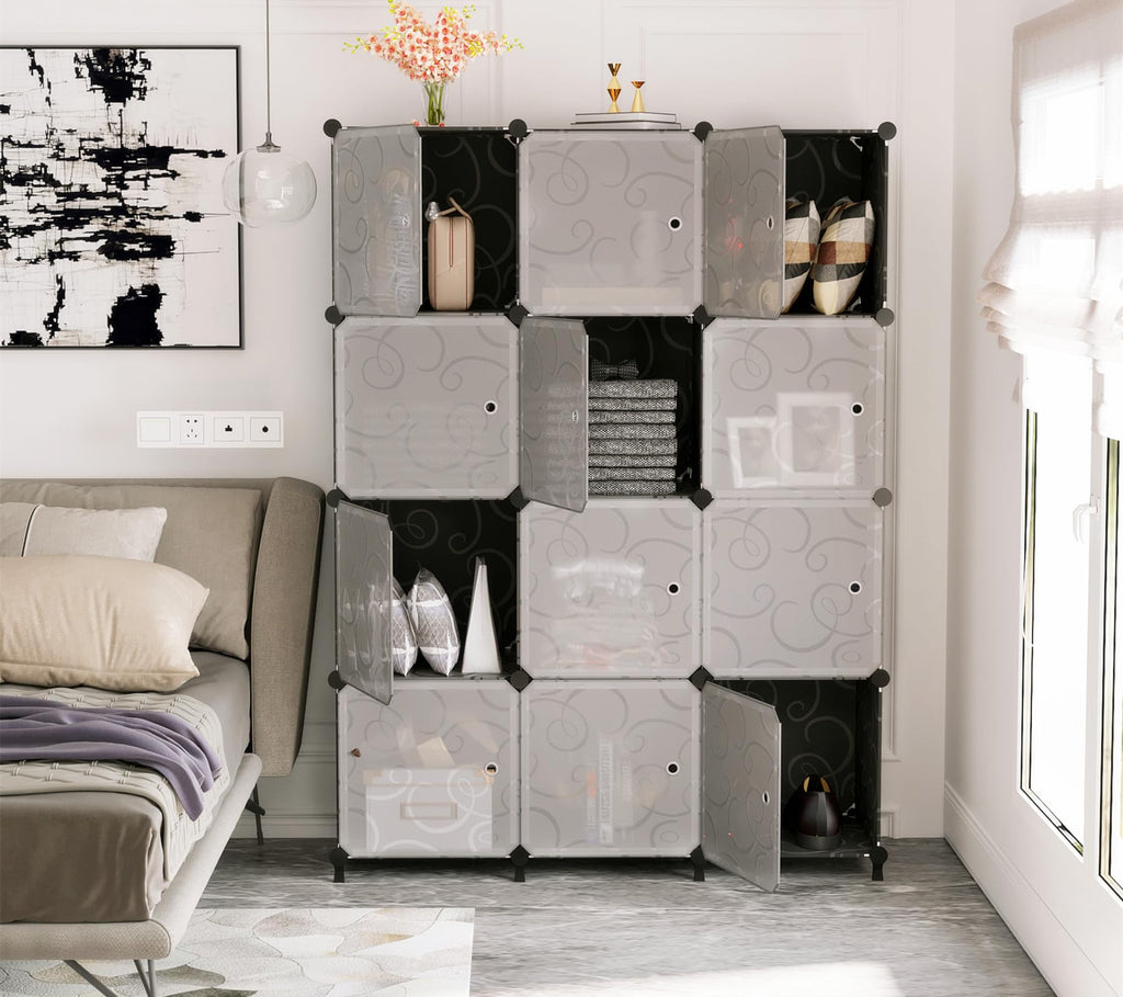 12 Cube Storage Organizer, Closet Storage Shelves with Doors, Black