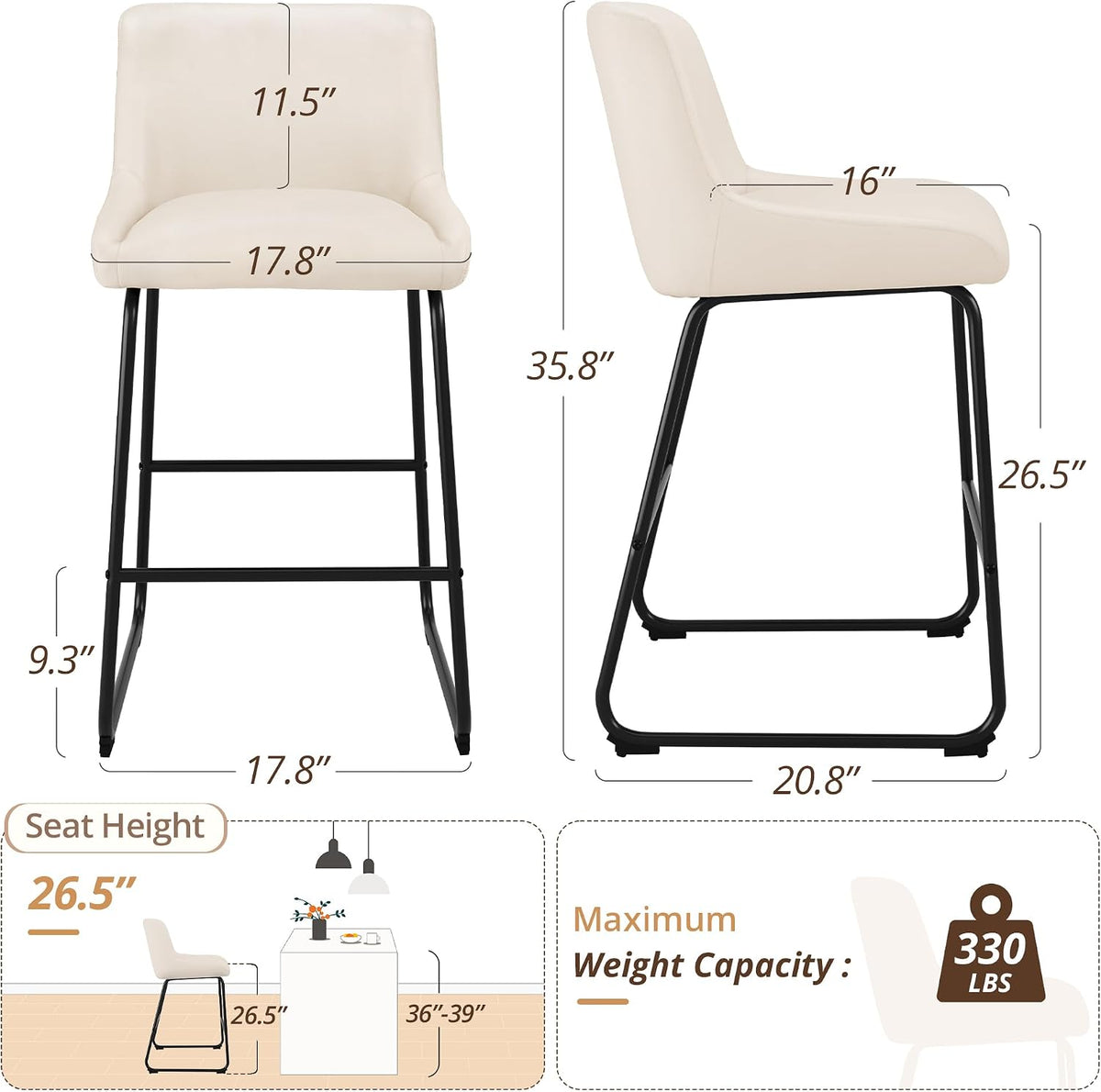 26 Inch Counter Height Bar Stools Set of 4, Faux Leather Upholstered Barstools, Barstool with Back, Comfortable Bar