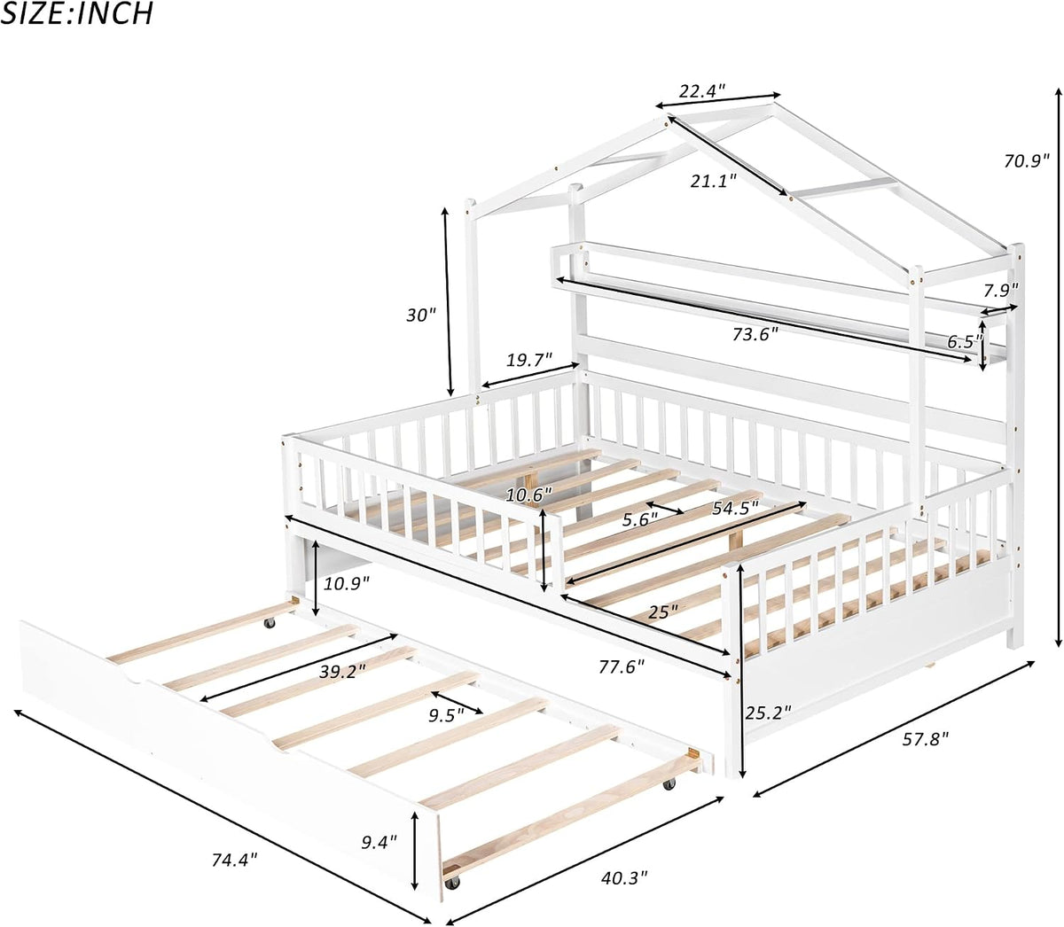 Wooden Full Size House Bed with Twin Size Trundle, Kids Bed with Shelf, White (Full, White+Trundle)