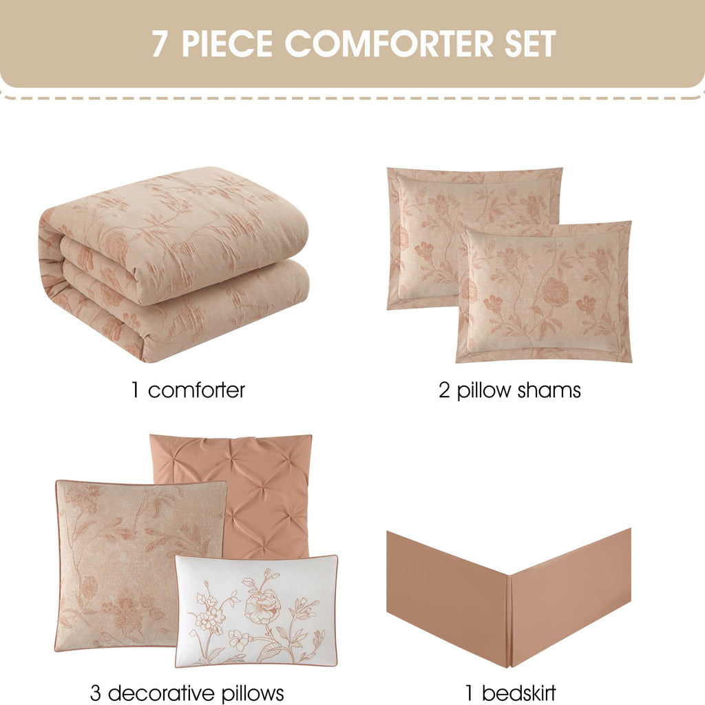 Floral Comforter Set, Blush 7 Pieces Jacquard Bedding Set, Cotton &Polyester Bedding, All Season