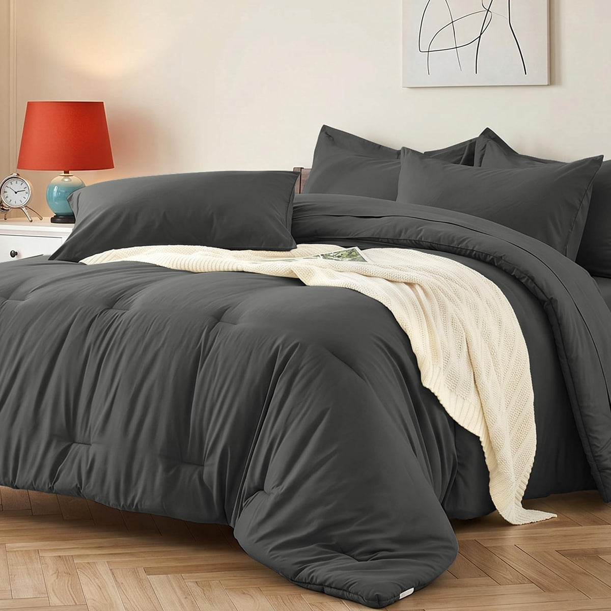 Comforter Set 7 Piece with Lightweight Comforter, Dark Gray