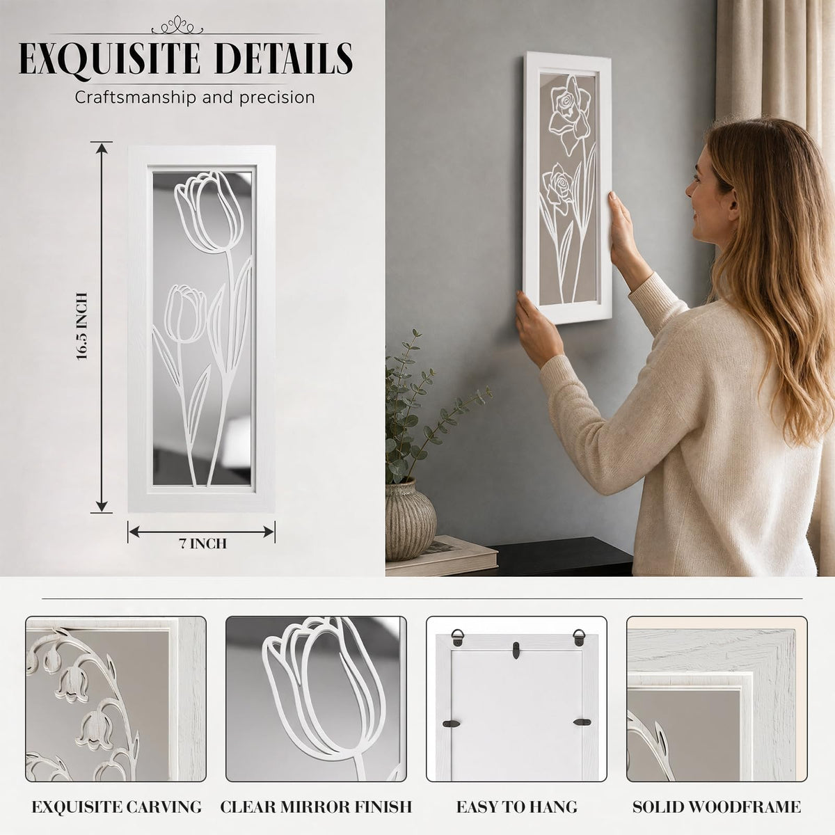4 Set Rustic Wall Mirrors Bathroom Living Room Entryway Wood Farmhouse Rectangular Easy to Hang Framed Decorative