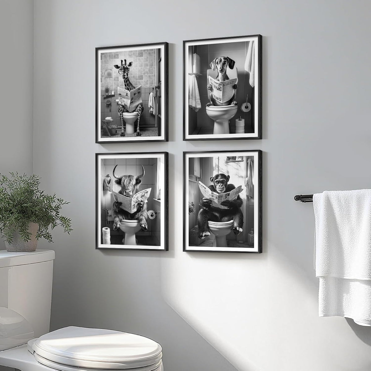 Framed Black and White Bathroom Wall Art Decor, 4 Piece Modern Animal Canvas Prints Painting Artwork, Dog Highland