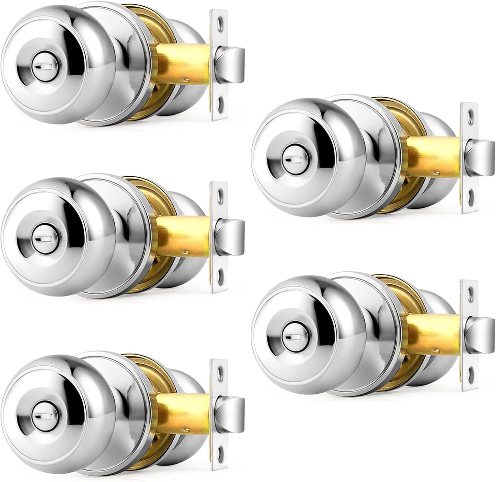 Polished Chrome Privacy Door Knobs, Interior Door Lock Bedroom, Keyless Round Ball Knob Handle, Thumb-Turn Locking, 5