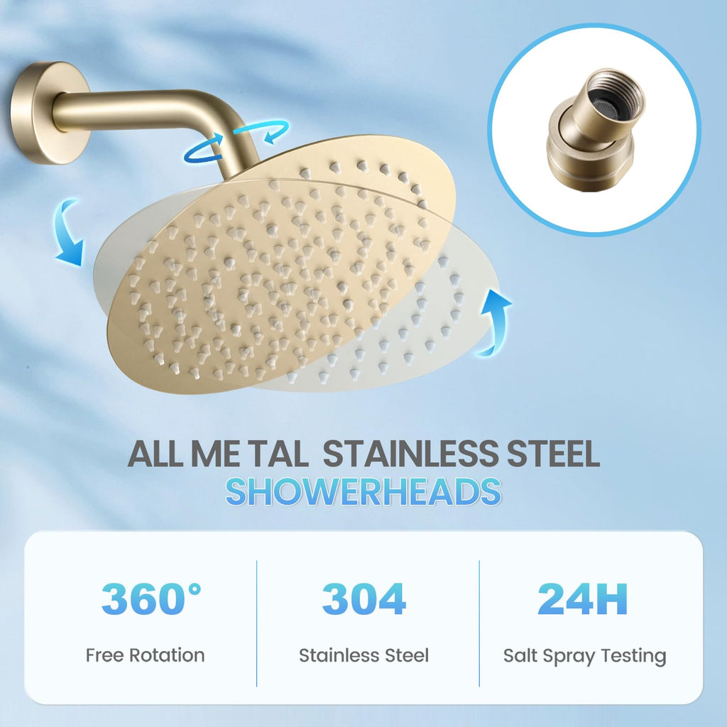 Brushed Gold Round Rainfall Shower Head, All Metal Stainless Steel Rain Shower Heads with 90 Anti-Clog Silicone