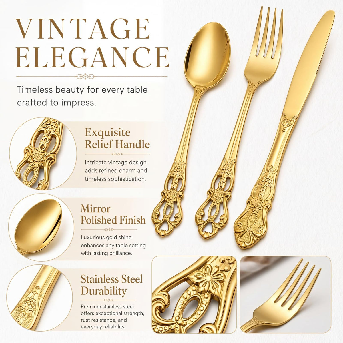 40 Pcs Gold Stainless Steel Flatware Set, Retro Vintage Silverware with Forks Spoons Knives Mirror Polished Cutlery