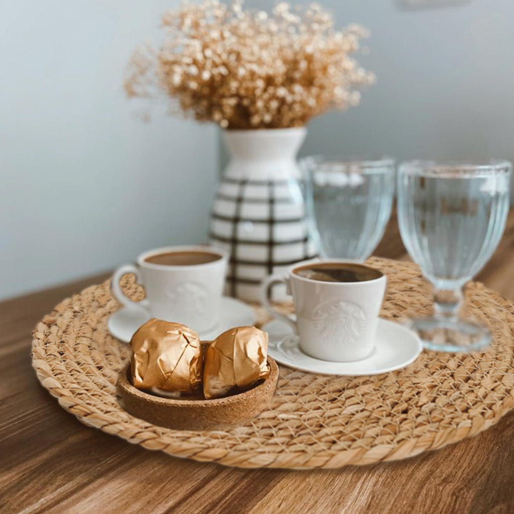Round Woven Placemats Set of 4, 13.7 Inch Boho Farmhouse Rattan Placemats Rustic Braided Wicker Table Place Mats