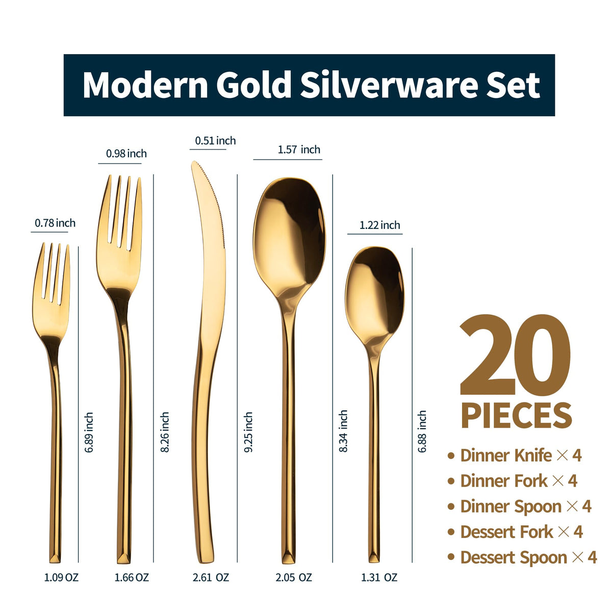 20-Piece Gold Silverware Set for 4,Modern 18/10 Stainless Steel Flatware Set,Luxury Cutlery Set,Unique Utensils Set