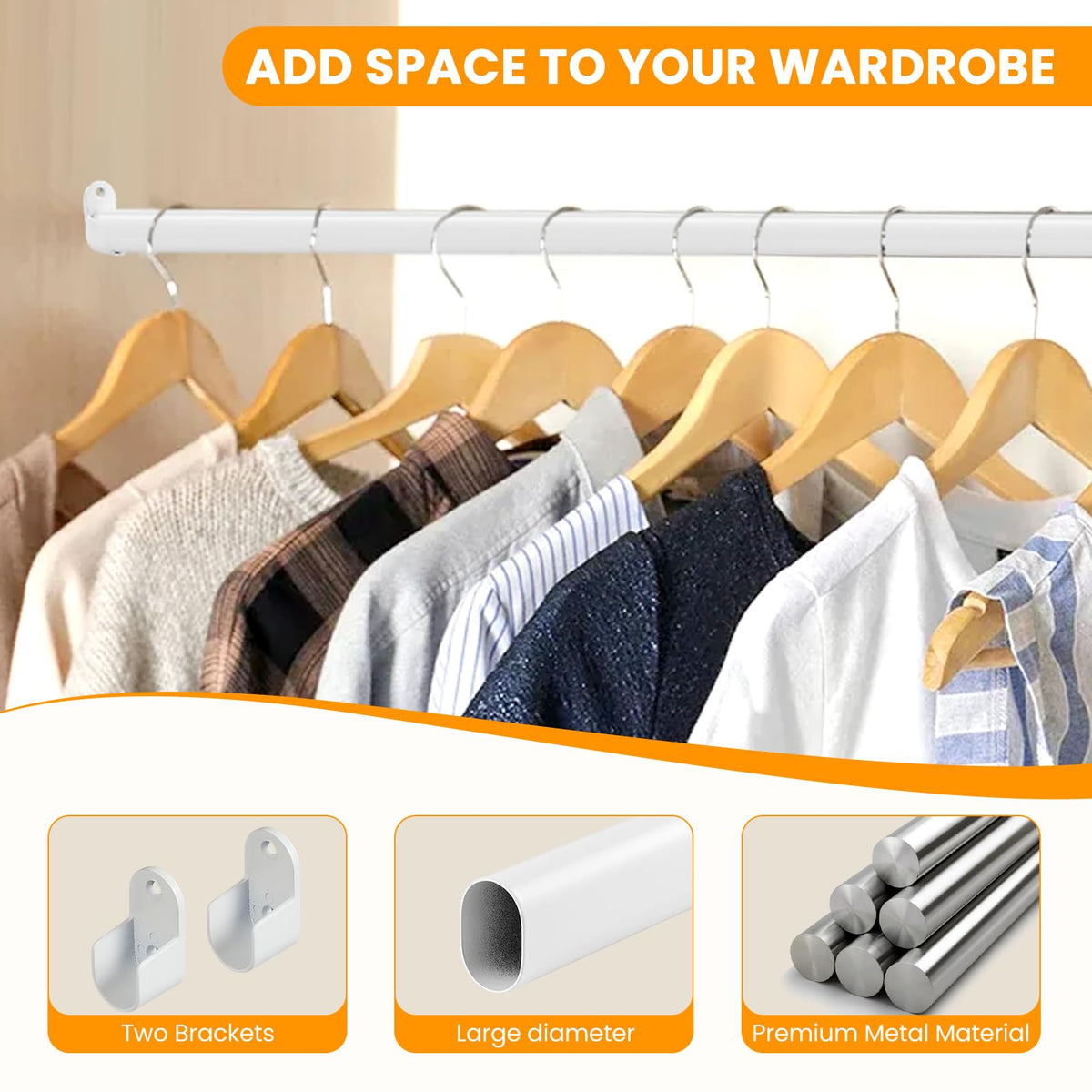 Oval Closet Rod for Hanging Clothes Adjustable Closet Rods 18 to 75 Inch Heavy Duty White Poles Bar Closet Rod
