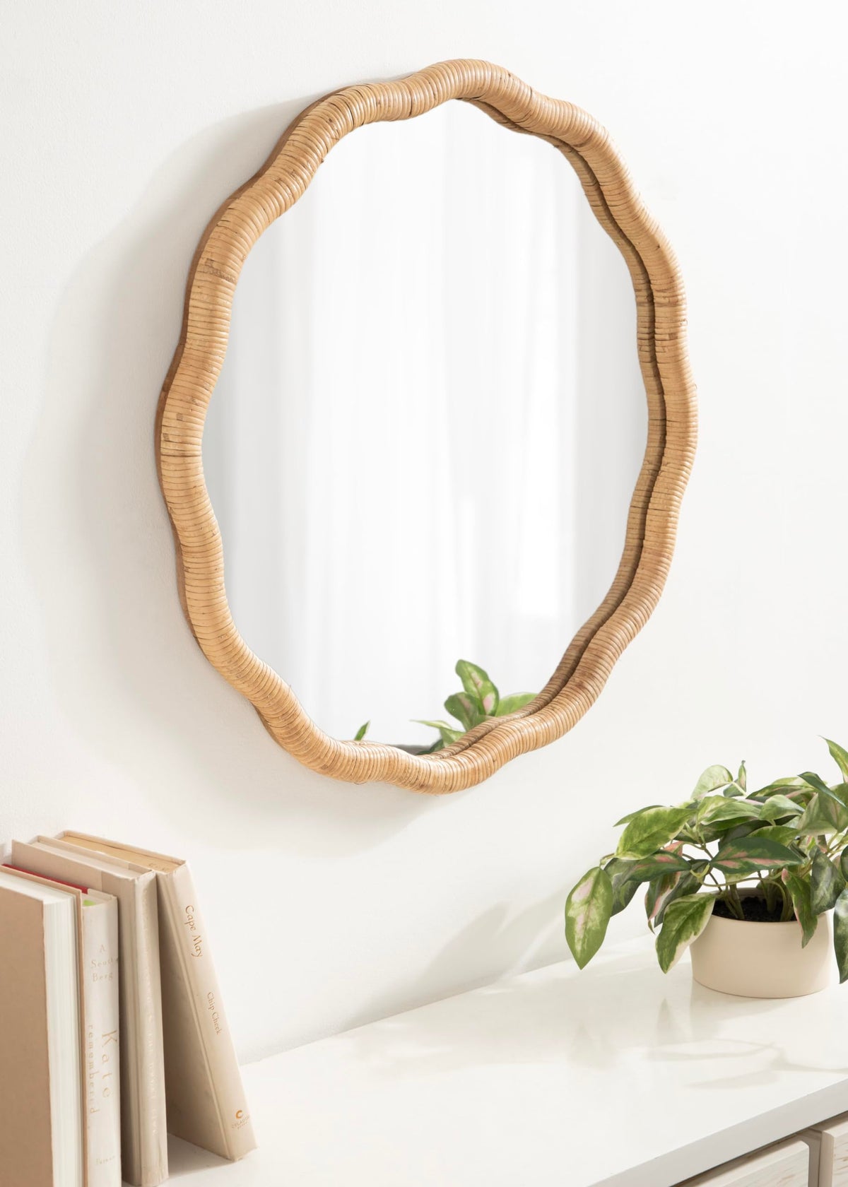 Rahfy Boho Scalloped Round Rattan Mirror; 26 Inch Diameter; Natural Wood; Decorative Round Wavy Mirror with Authentic