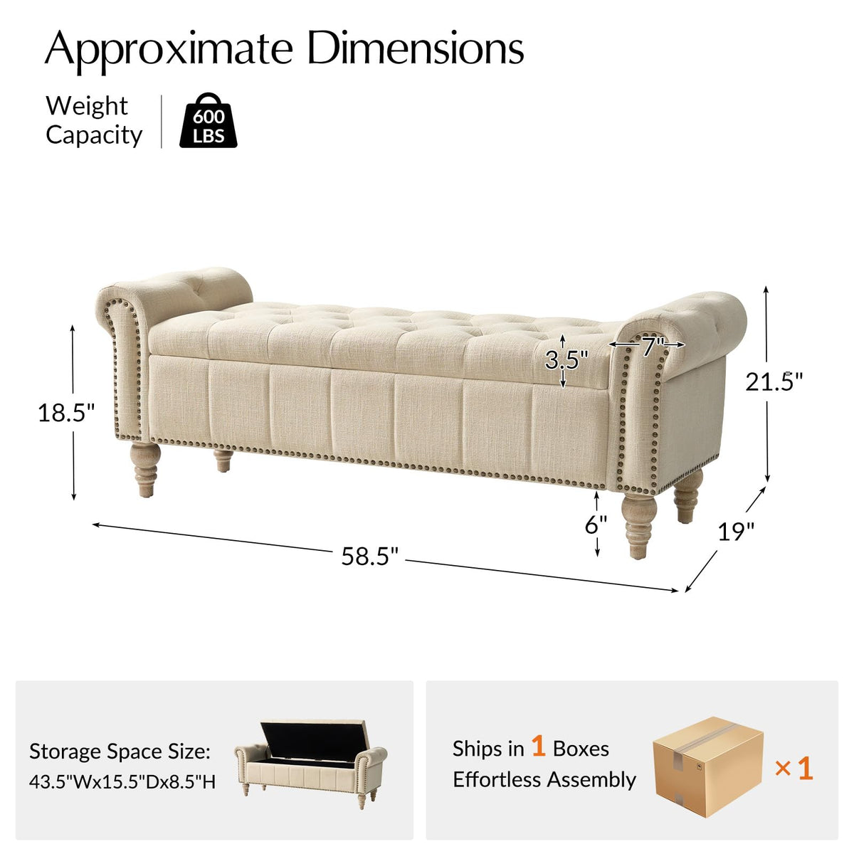 Farmhouse Storage Bench, Linen