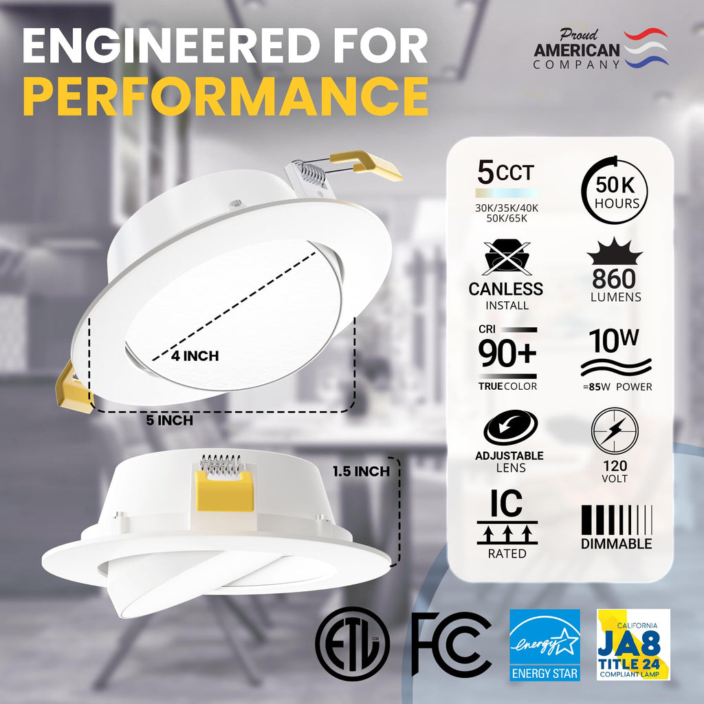 12 Pack Airtight 4 Inch Gimbal LED Recessed Lights, 2700K-5000K, ETL
