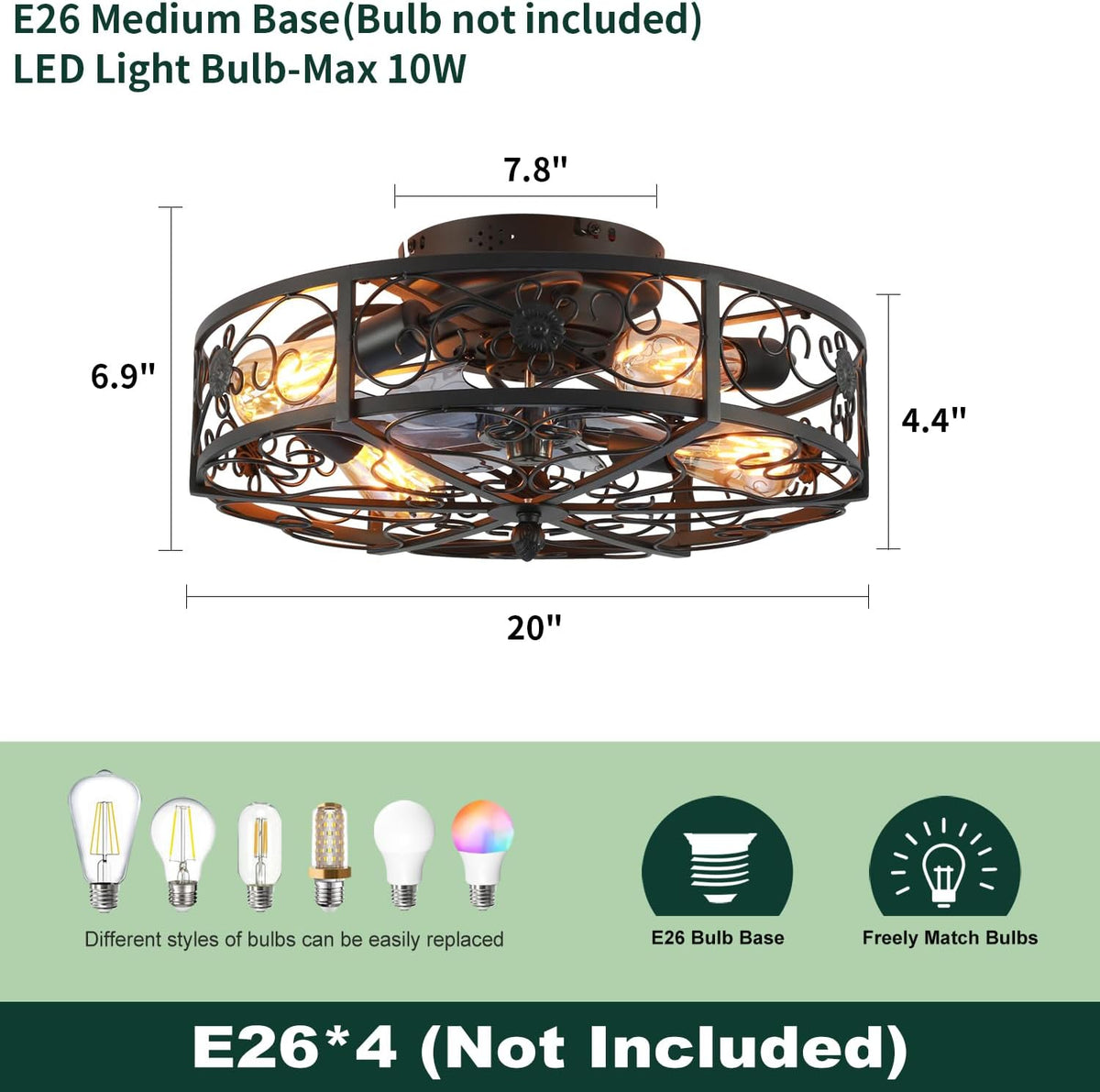 20" Flush Mount Caged Ceiling Fan with Light & Remote