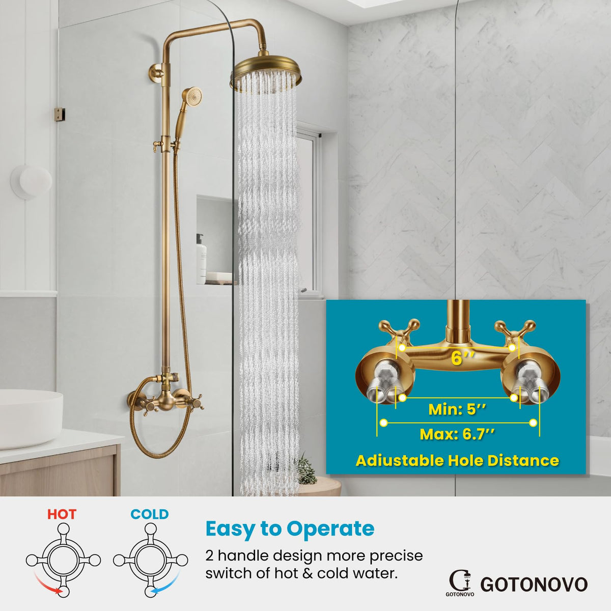 Exposed Shower System Wall Mount,Antique Brass,Metal Handheld