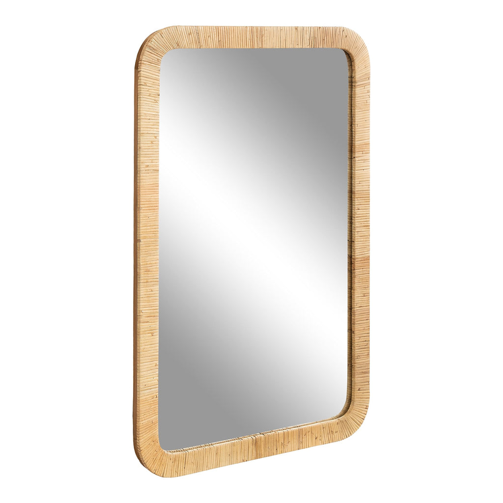 Rahfy Boho Rectangle Rattan Wall Mirror; 24 x 36; Natural Wood; Decorative Rounded Rectangular Mirror with Authentic