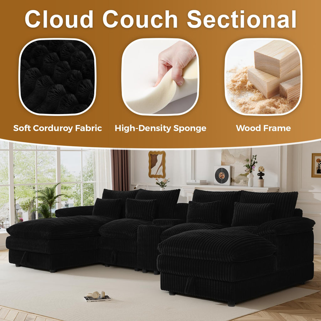 120" Cloud Couch Sectional U Shaped Black Sectional Couches, Plush Soft Comfy Fluffy Corduroy Couch Sectionals