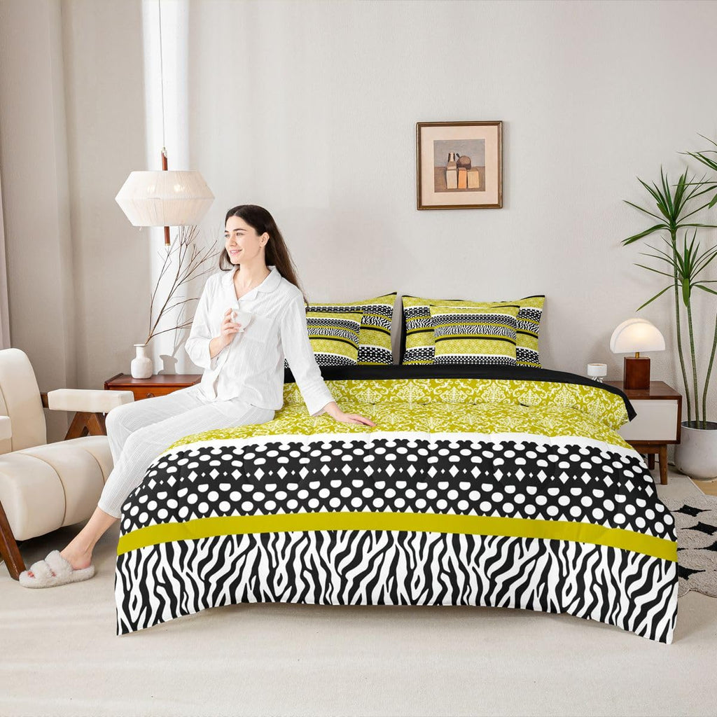 Vintage Damask King Comforter Set with Sheets 7 Piece Yellow Zebra Print Bed in A Bag Modern Polka Dot Bedding Sets