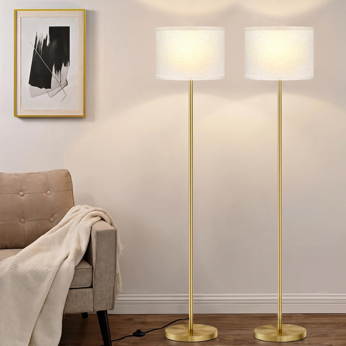60'' Modern Floor Lamp Set of 2, 2PK Tall Lamps Bedroom, Beige Shade with Gold Pole(Without Bulb)