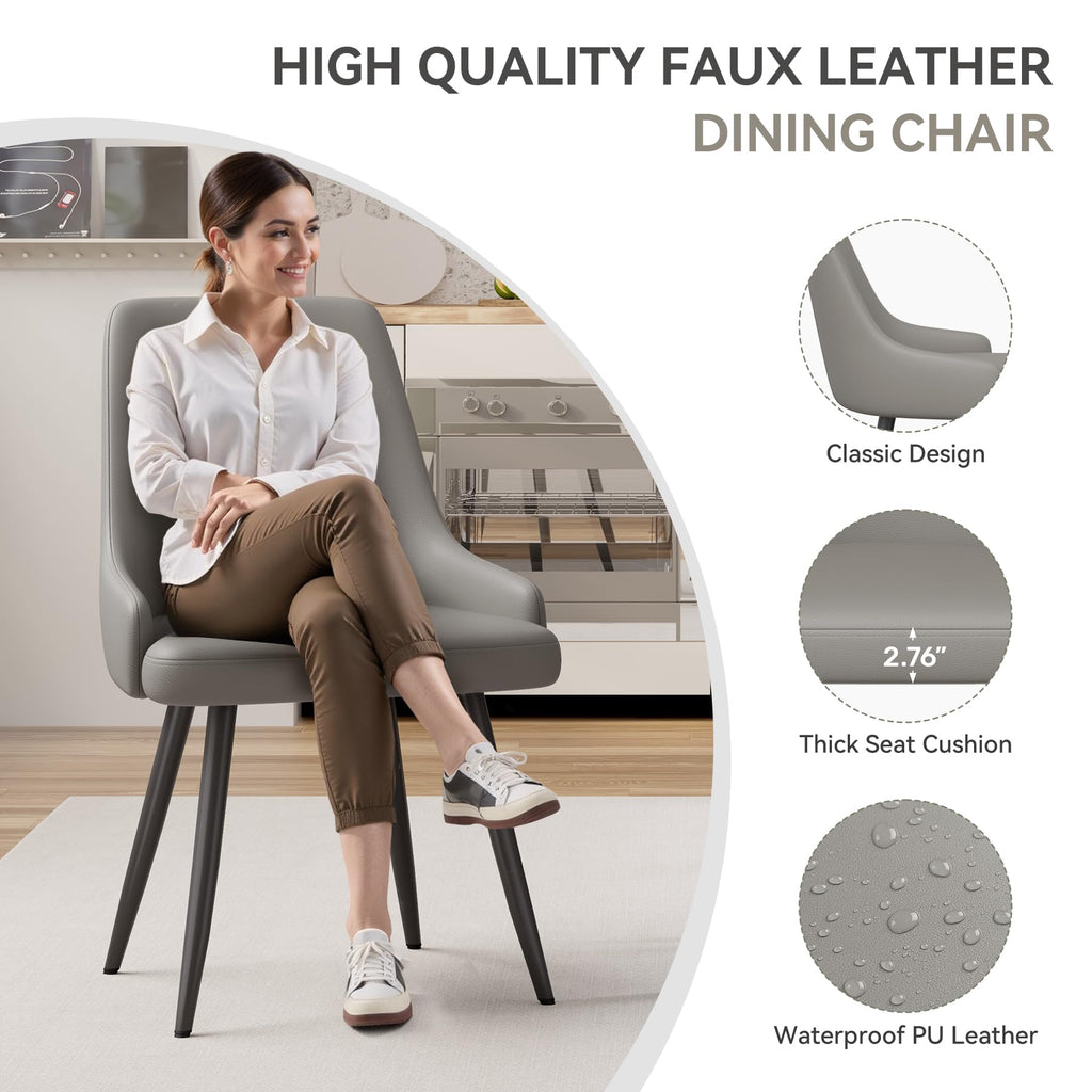 Faux Leather Chairs Set of 4, Waterproof Padded Seat, Grey