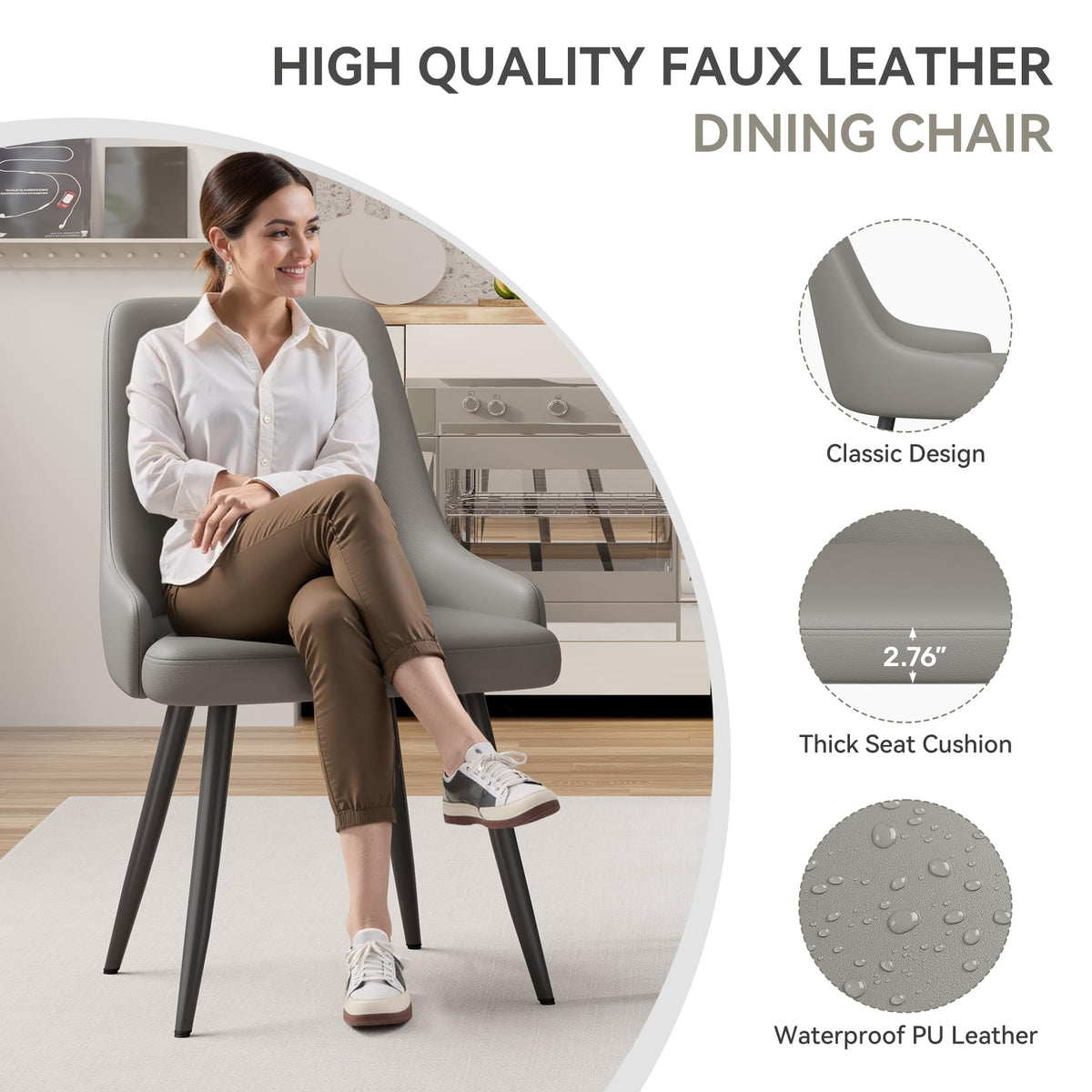 Faux Leather Chairs Set of 4, Waterproof Padded Seat, Grey