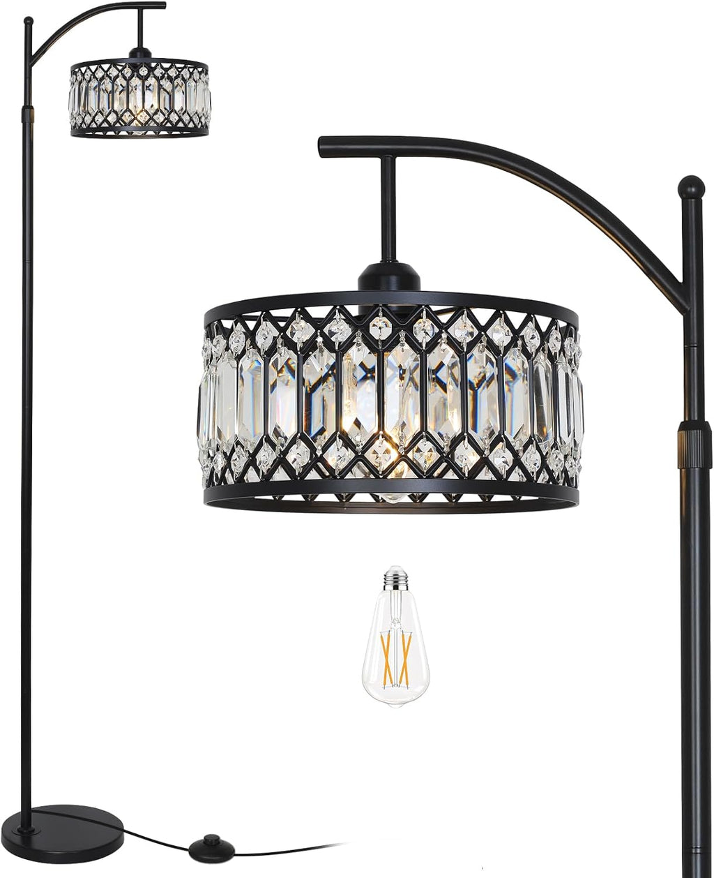 Crystal Floor Lamps, Modern Arc Floor Lamp, Black Standing Lamp with Edison Bulb, Height Adjustable Tall Lamp