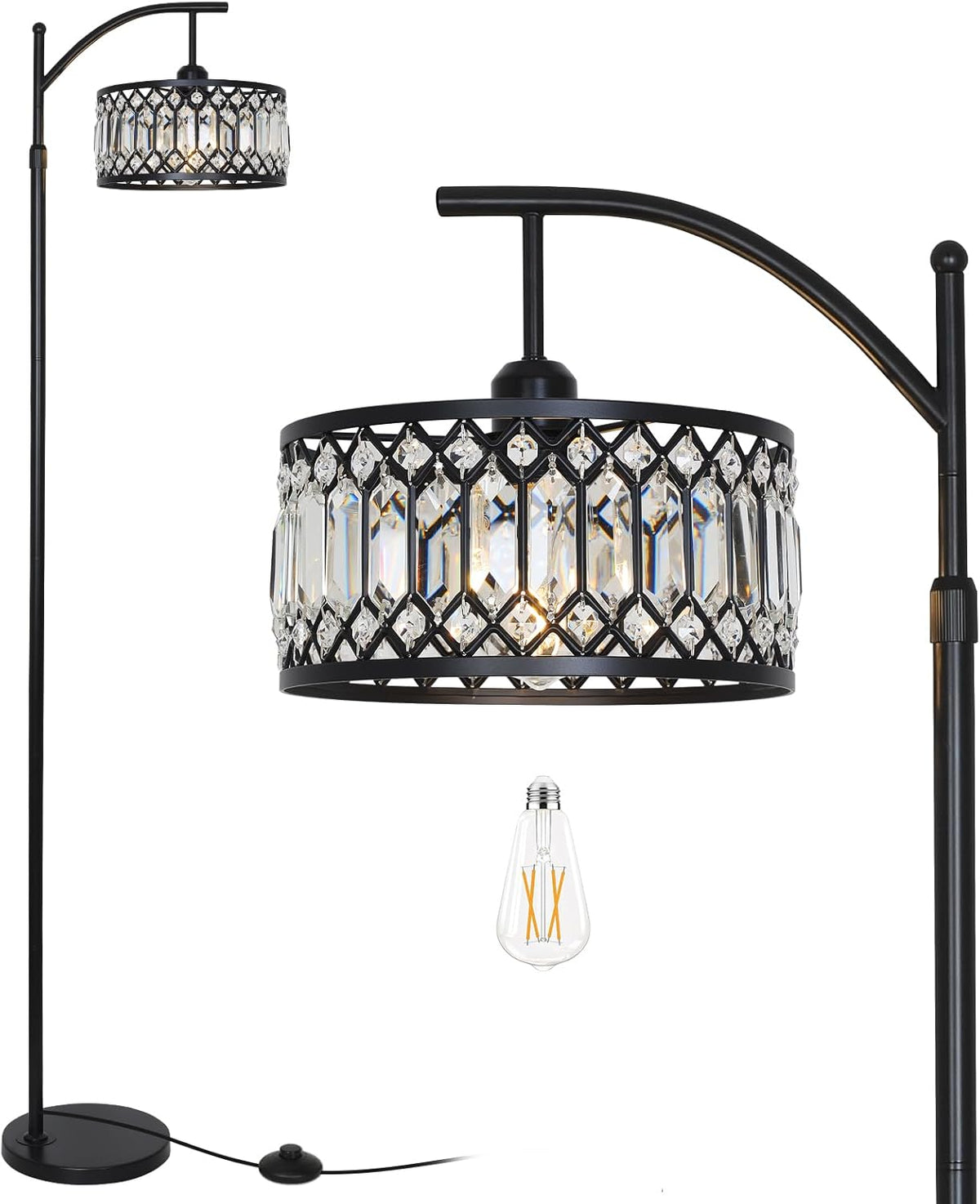 Crystal Floor Lamps, Modern Arc Floor Lamp, Black Standing Lamp with Edison Bulb, Height Adjustable Tall Lamp
