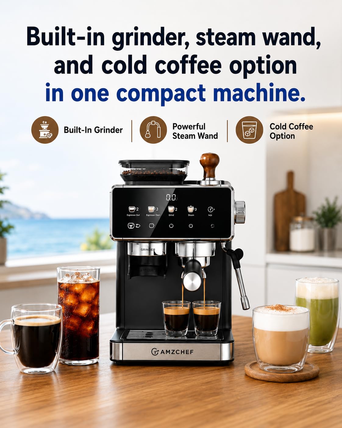 Espresso Machine with Grinder, 20 Bar, Latte & Cappuccino, Black