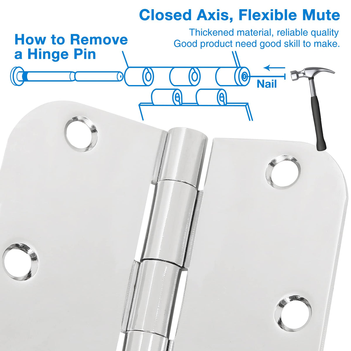 12 Pack Rounded Door Hinges 3.5 Inch 5/8" Radius Polished Chrome