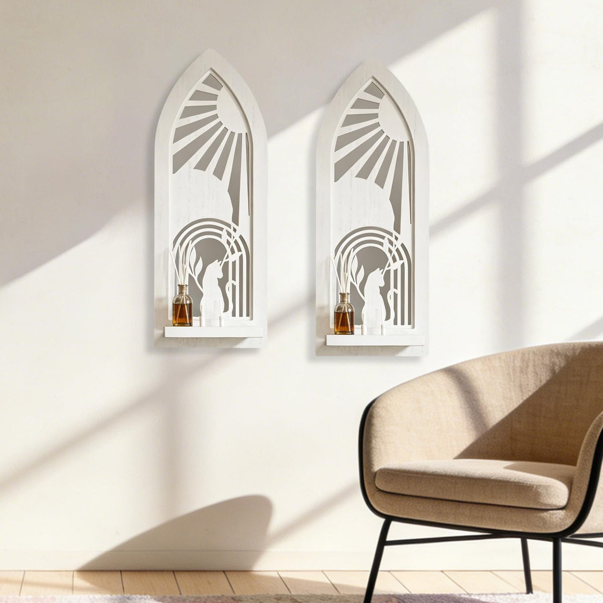 2 Set Rustic Candle Sconces Living Room Bedroom Entryway Wood Mirrored, Farmhouse, Carved Frame Wall-Mount Wooden