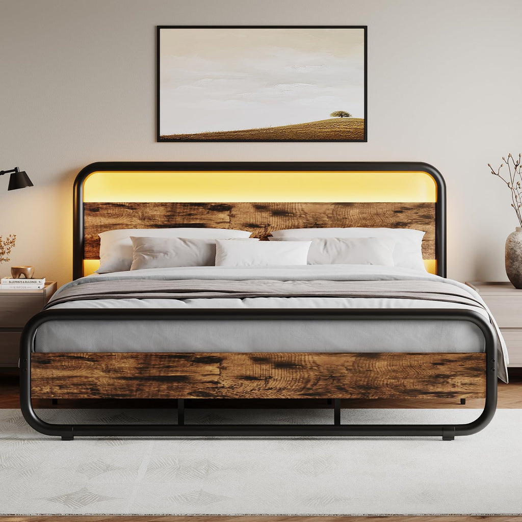 Bed Frame, Wood Headboard and Footboard, LED Lights, Rustic Brown