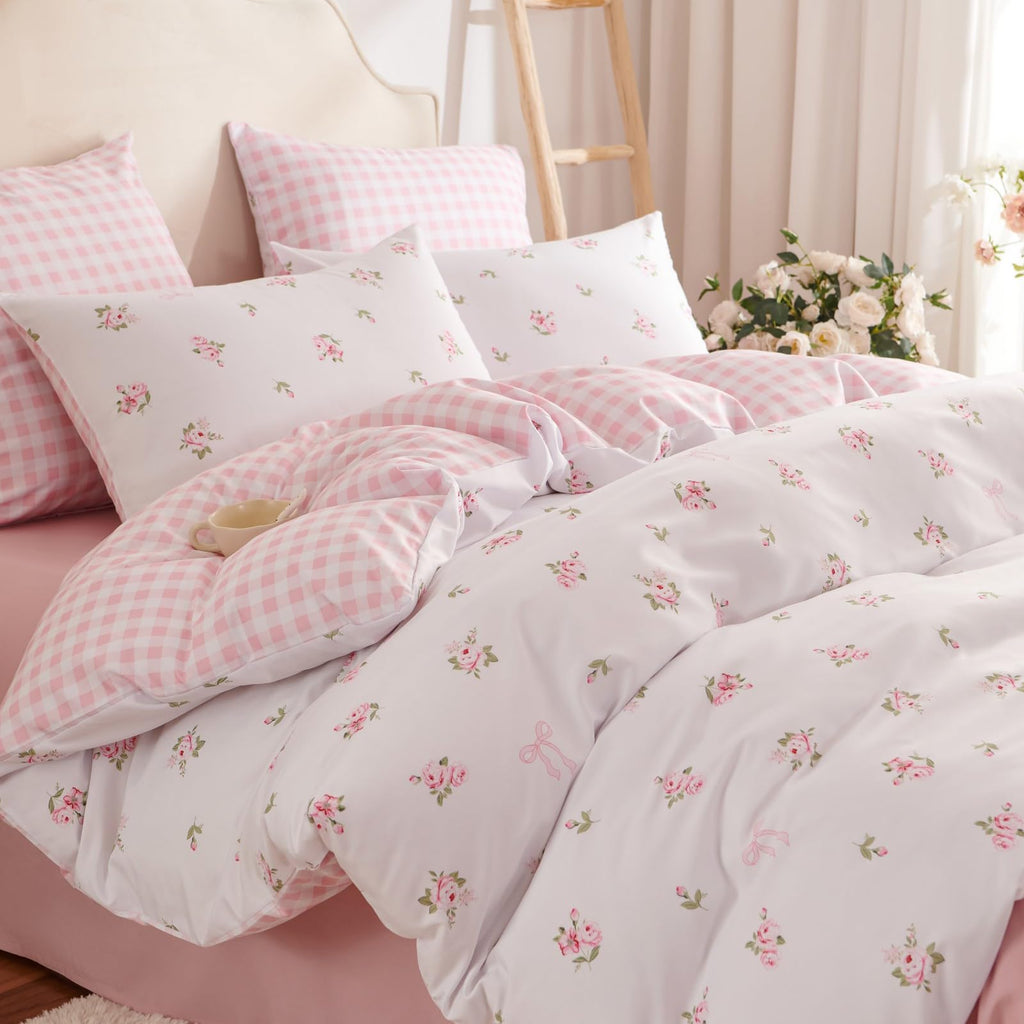 Floral Comforter Set, Pink Bedding Set with Gingham Pattern
